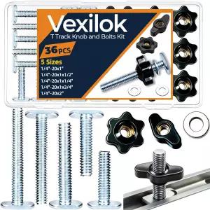 Vexilok 36개입 1/4 -20 T 트랙 노브 키트 목공 지그·픽처·범용 액세서리용 1 1-1/2 2 1-1/4 1-3/4 볼트