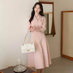 ~XXL까지 디누 핑크 트위드 벨트 플레어 원피스 봄 가을 하객룩 오피스룩 모임룩 격식룩 빅사이즈1398054