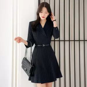 ~XXL까지 키몬 스트라이프 벨트 플레어 원피스 봄 가을 하객룩 오피스룩 모임룩 격식룩 빅사이즈1397905