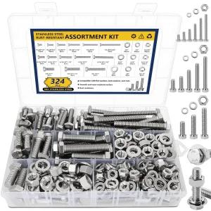 324PCS 육각 너트 및 볼트 조합 키트 1/4-20 5/16-18 3/8-16 SAE 304 스테인리스 스틸 볼트·너트·와셔