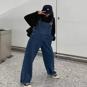 데님멜빵바지 오버롤 청 여성 멜빵바지 와이드핏 점프수트 데님