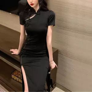 블랙 고급 치파오 반팔 롱원피스 반팔롱원피스