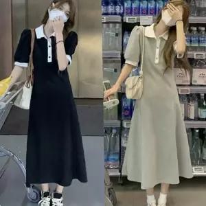 바캉스 셔링 휴양지 카라 배색 반팔 퍼프 롱원피스 여름원피스