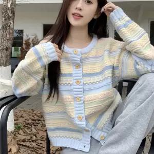 여자 라운드넥 스트라이프 파스텔 컬러 긴팔 줄무늬 가디건
