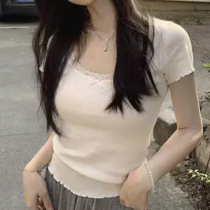 레이스 스퀘어넥 반팔티 여성 여름 골지 티셔츠