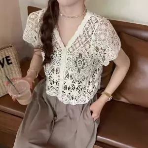 여성 크로쉐 뜨개 반팔 브이넥 여름 가디건 화이트