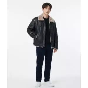 DRAW FIT 오버사이즈 스웨이드 라인 무스탕 자켓 [BLACK]