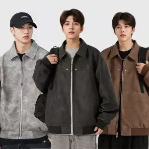 [모로엠] 남성 워싱 레더 카라 집업 자켓 LD-JUA-QSIS666