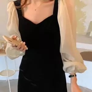 봄 가을 우아한 드레스 긴팔 소매 배색 블랙 롱원피스 결혼식하객원피스 2CB00