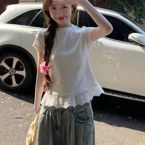 레이스 밑단 프릴 반팔티 러블리핏 하이틴 티셔츠 치마잘어울림 여친룩코디 페미닌무드 27C0F