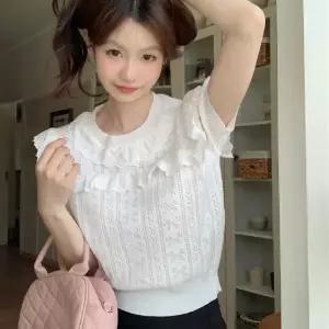 데일리 프릴넥 반팔 니트 LLT141 스톡 U넥 무지 sweater 니트 러블리 여성 스툼 라운드넥 여자 조끼 남자니