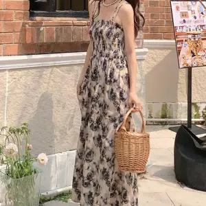 여성 쉬폰 끈나시 밴딩 플라워 비치 A라인 롱 원피스 8DA98