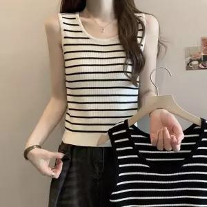 여성 여름 외출 이너 레이어드 패션 줄무늬 스트라이프 니트 슬림 D8968