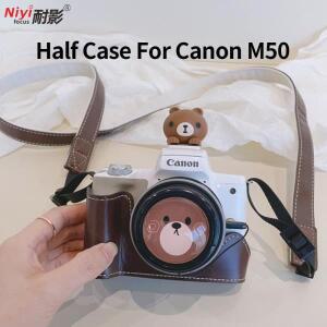 캐논 호환 M50용 PU 가죽 카메라 베이스 하프 케이스 숄더 어깨 벨트 손목 보호 가방 버튼 개폐 1/4