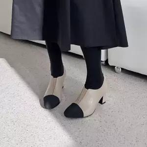 [디아슈즈]세비 배색 천연가죽 스티치 키높이 부티 펌프스 힐 6cm