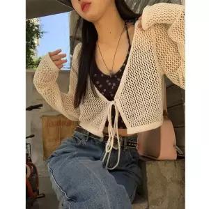 프렌치 실루엣 브이넥 숏 가디건 여성 카디건 볼레로 자외선 차단 봄옷 가을옷