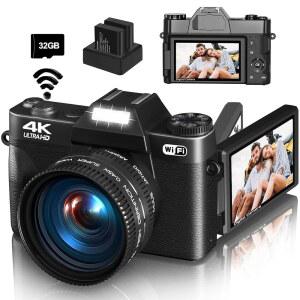 사진 및 브이로깅용 4K 디지털 카메라 WIFI 지원 56MP 유튜브 카메라 | 컴팩트 여행용 3인치 180 플립 스크린 16배 줌 52MM 광각 매크로 렌즈 32GB TF 카드 배터리 2개 블랙