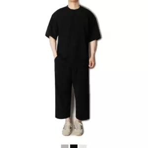 남성 오버핏 반팔셋업 크롭와이드 밴딩팬츠룩