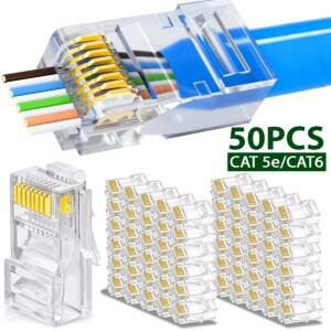 RJ45 Cat6 Cat5e 패스 스루 네트워크 커넥터 이더넷 케이블 금도금 크림프 엔드 스트랜디드 UTP 비차폐 모