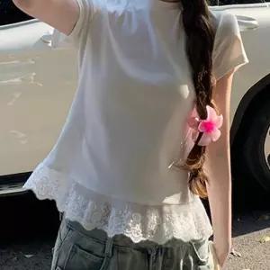 (올핀)레이스 포인트 반팔 티셔츠 데일리 캐주얼 프릴