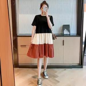 트리플 배색 원피스 와이드핏 실루엣 반팔 캐주얼