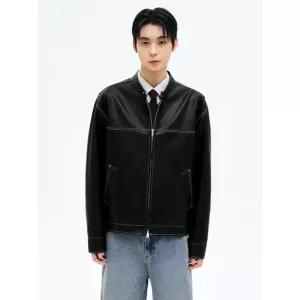 에잇세컨즈 배색 스티치 페이크레더 레이서 자켓 블랙 4784339