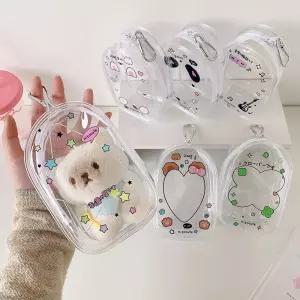 (골라가게) PVC 투명 파우치 10cm 인형 가방 키링 네잎클로버 별 프린팅 지갑 충전기 에어팟 화장품 수납