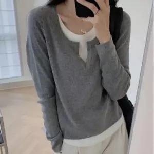 절개넥 레이어드 골지 니트탑 모던 데일리 긴팔티