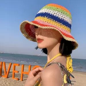 왕골 여성 여름 비치캡 벙거지 버킷햇 바캉스 레인보우 라탄 [aE69012]