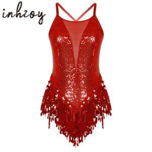Womens Sparkly Tassel Bodysuit 스팽글 체조 발레 댄스 레오타드 드리 워진 점프 슈트 라틴 재즈 공연 의