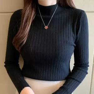 여성 부드러운 신축성 따뜻한 겨울 이너 세로골지 슬림핏 하프 폴라 티셔츠