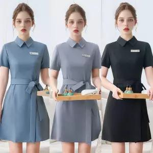 모던 셔츠형카라 리본디테일 A라인 유니폼 원피스