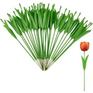 30피스 13 게이지 꽃 와이어 줄기 잎 인공 튤립 부케 꽃꽂이 랩 플라스틱 포장