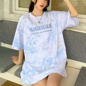 예쁜 물감 나염 영문 자수 포인트 반팔 티셔스