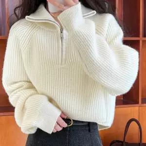 여성 반집업 카라 골지 데일리 니트 상의