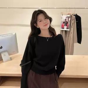 데일리 루즈핏 여친룩 블랙 크롭 니트 긴팔 스웨터