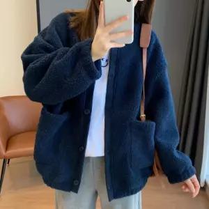 여성 양털 포켓 라운드넥 데일리 겨울 아우터 따뜻하고 포근한 뽀글이 점퍼