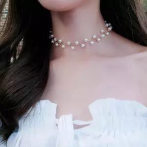 진주잎 초커 목걸이 짧은 여자 진주 포인트 여성 레이어드 알초커