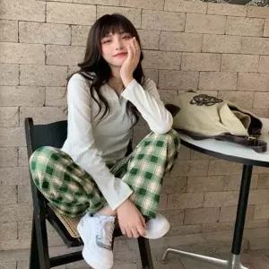 방한바지 안감 기모 퍼 체크패턴 패션 와이드 일자핏 바지