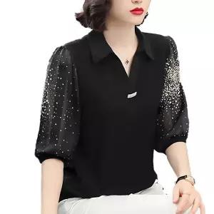 빅사이즈 여성 카라넥 예쁜 블라우스 데일리 봄 여름 고급진 7부소매 쉬폰티 중년여성 엄마옷 상의