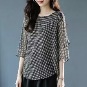 여성 여름 라운드넥 쿨링 블라우스 7부 소매 도트 프릴 패치 가오리핏 상의
