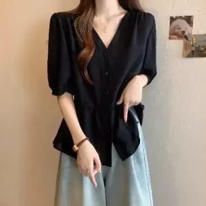 여름 여성 빅사이즈 브이넥 벌룬 소매 반팔 블라우스