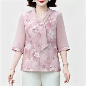 여성 여름 타이넥 5부소매 블라우스 빈티지 플라워 프린트 중년 엄마옷 정장 상의