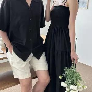 남성 여성 블랙 원피스 셔츠 비치웨어 패션 커플룩 LWF68054 커플의상 신혼여행