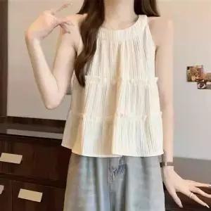 여성 여름 주름 민소매 루즈핏 크롭 탑 데일리 캐주얼 블라우스