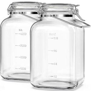 FOL T 1 5갤런 뚜껑 있는 메이슨 밀폐 BPA 손잡이 스테인리스 용기 2 병 입구 유리병 보관 2개 3인치 4 유리 눈금 넓은 대형 식기세척기 사용 및 측정 무함유 가능