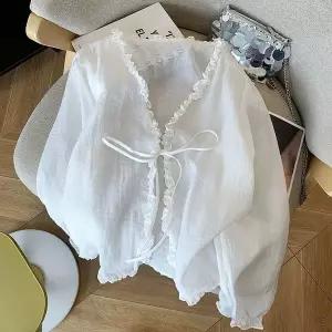 여성 봄여름 얇은 프릴 카라 리본 섬세한 쉬폰 블라우스 가디건 LFHfsy-3