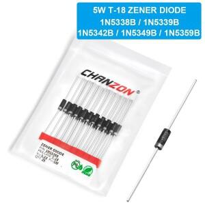 20 개/갑 1N5338B 1N5342B 전력 제너 다이오드 5W 5.1V 6.8V 12V 24V T-18 CASE17-02 축 방향 와트