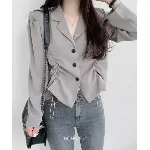 투 스트링 허리 잡아주는 보정 숏 카라넥 여성 자켓