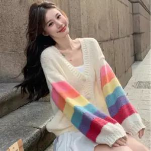 브이넥 여성 루즈핏 아우터 캐주얼 상의 데일리 룩 컬러풀 코디 가디건 니트 배색